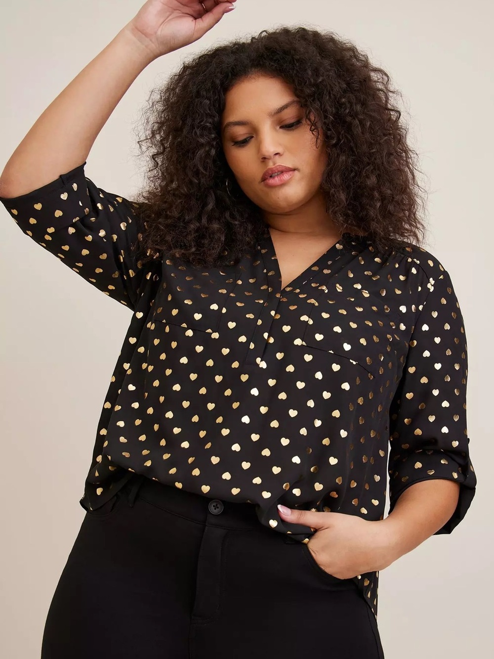 Torrid Harper Georgette 3/4 Sleeve Blouse Size 3X Black Metallic Gold Hearts
